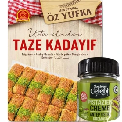 Abbildung von Pufai Ozyufka Frisch Teigfäden Kataifi Kadayıf Shredded Fillo Teig Gebäck Kadaifi Fäden Taze Kadayif für Dubai Schokolade 400 gr mit Pistazien Creme 200 Gramm