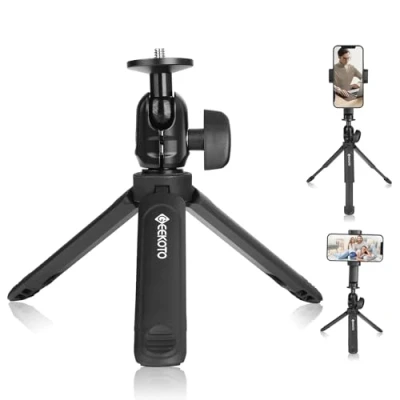 Abbildung von GEEKOTO Handy Stativ, Aluminiumlegierung, Mini Reise einziehbares Kamerastativ für Kompaktkameras und 360 Kugelkopf mit Clip, tragbarer Vlog Selfie Stick