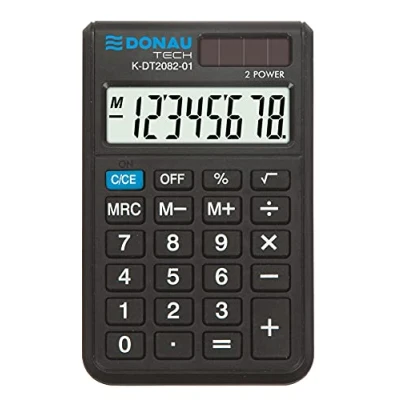 Abbildung von Taschenrechner DONAU TECH/K DT2082 01 8 Stellig Wurzelfunktion/ 97x60x11mm/ Farbe: Schwarz/Rechner mit stelliger Anzeige/Dual Power Solar Batteriebetrieb/Kompaktes Design