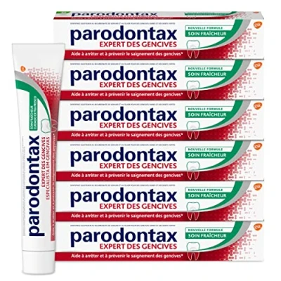 Abbildung von Parodontax Zahnpasta für frische Pflege, Zahnkreidewirkung, hilft Zahnfleischbluten zu stoppen und vorzubeugen, verbesserter Geschmack, 6 x 75 ml