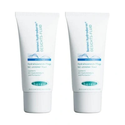 Abbildung von benevi Hydroderm Gesichts Fluid 2 x 50ml: Creme bei Akne und einer irritierten, trockenen Haut durch eine Aknetherapie. Produkte der Pflege Serie kann Hautirritationen lindern.…