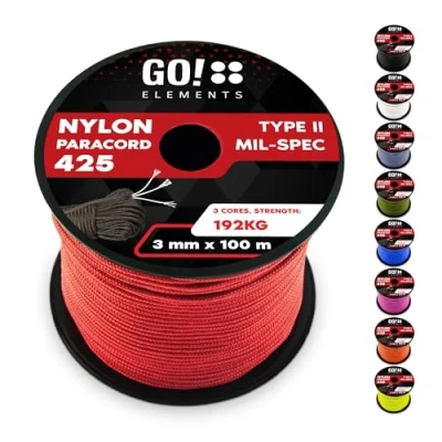 Abbildung von GO!elements 100m Paracord Seil aus reißfestem Nylon 3mm 425 Typ II max. 192kg Schnüre als Outdoor Seil, Allzweckseil, Survival Armband, Hundeleine, Nylonschnur, Farbe: Rot