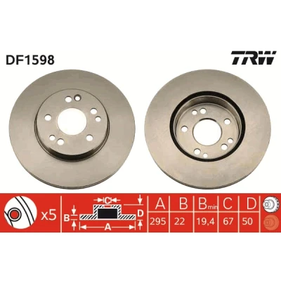 Abbildung von TRW DF1598 Bremsscheibe 295 22 5 112 Belüftet lackiert MERCEDES BENZ: W124 T modell, Limousine, Coupe