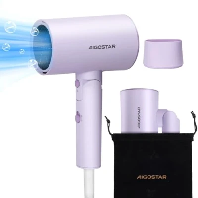 Abbildung von Aigostar Reisehaartrockner 2100W Ionentechnologie, 3 Temperaturen / 2 Geschwindigkeiten, Überhitzungsschutz, Lila mit Speicherbeutel