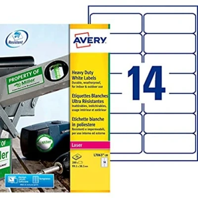 Abbildung von Avery L7060 20 Packung mit Etiketten aus Polyester, Weiß, 99,1 x 38,1 mm