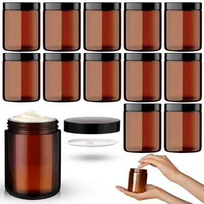 Abbildung von Braunglas Salbentiegel Gläschen mit Deckel (240ml x 12 Stück) Glastiegel Creme Dosen zum Befüllen Schraub &amp; Innen Ideal als Kosmetik Aufbewahrung, für Cremes, Salben usw.