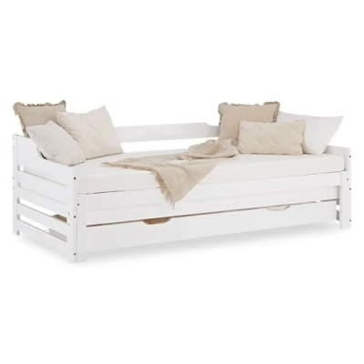 Abbildung von Homestyle4u Holzbett 90x200 Kinderbett Ausziehbett Weiß 2 Liegeflächen Gästebett Personen (Set, Bettgestell mit Lattenrost), Stauraum (Bettkasten/Schublade), ebene Liegefläche