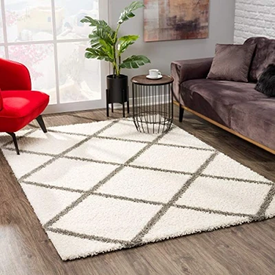 Abbildung von SANAT Madrid Shaggy Teppich Hochflor Teppiche für Wohnzimmer, Schlafzimmer, Küche Creme, Größe: 80x200 cm