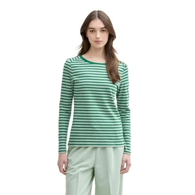 Abbildung von TOM TAILOR Denim Damen 1043085 Basic Longsleeve mit Streifen, 37365 Tonal Green Stripe, Small