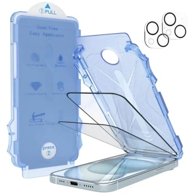 Abbildung von EAZY CASE 2x Display Schutzglas kompatibel mit iPhone 15 inkl. Kameraschutz für Displayschutz Ultra Klar Schutz Glas Folie Installationshilfe Blasenfrei Transparent