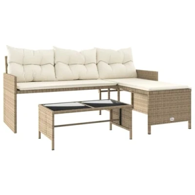 Abbildung von vidaXL Gartensofa in L Form mit Tisch Kissen, Outdoor Sofa Terrassensofa, Garten Sofagarnitur, Gartenmöbel Sitzgruppe, Beige Poly Rattan