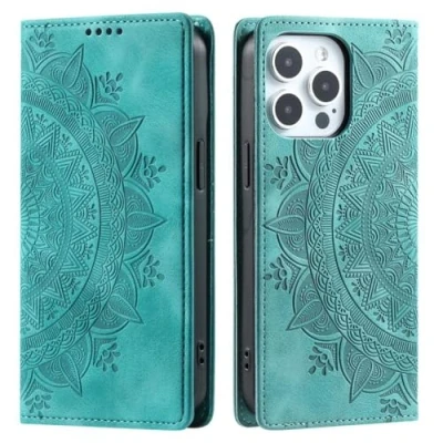 Abbildung von CoverKingz Handyhülle für iPhone 16 Pro Max Handytasche mit Kartenfach Standfunktion Cover Handy Hülle klappbar Motiv Mandala Grün