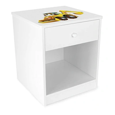 Abbildung von Leomark Nachttisch aus Holz Herr Bagger Nachtschränkchen mit Schublade, Nachtschrank für Kinder, Weiß Nachtkonsole Aufdruck, Höhe: 40 cm
