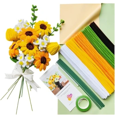 Abbildung von YYUENGTAK Sonnenblumen Blumenstrauß,Pfeifenreiniger Blumen Set,mit 210 Stück Pfeifenputzer zum basteln Blumen(5 Farben),Anweisungen,12 Grün Basteldraht,Geschenkpapier,Geschenkband,Blumenband