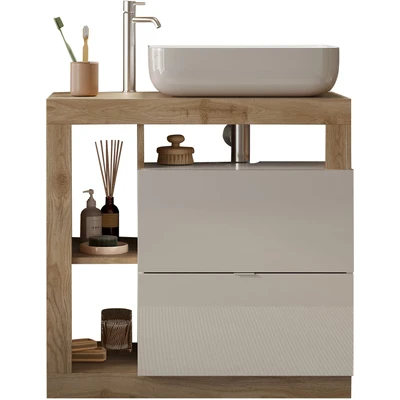 Abbildung von welltime Waschtisch &quot;Hamburg&quot;, 2 Schubkästen, Breite 79 cm, Soft Close, inkl. Keramik Aufsatzbecken