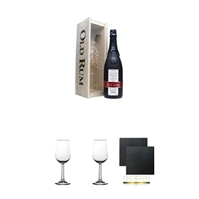 Abbildung von Gosling&#039;s Old Rum Holzkiste Bermudas 0,7 Liter + 2 Bugatti Nosing Gläser mit Eichstrich 2cl und 4cl Schiefer Glasuntersetzer eckig ca. 9,5 cm Ø