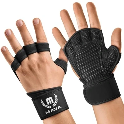 Abbildung von Mava Sports Belüftete Handschuhe für Männer und Frauen mit integrierten Handgelenksmanschetten vollflächiger Silikonpolsterung Perfekt Gewichtheben, Cross Training, WOD (Schwarz, S)