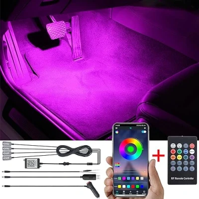 Abbildung von TABEN Auto Umgebungsbeleuchtung Kit 64 Farben RF Fernbedienung + Bluetooth APP Steuerung USB Fußraum Atmosphärenlicht, DIY 16 Millionen RGB Mehrfarbig Sound Musik Sync Innenbeleuchtung 12V