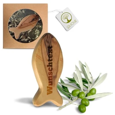 Abbildung von Fisch aus Olivenholz Handgemachter Handschmeichler als Geschenk zur Geburt, Taufe Kommunion und Firmung (Mit Gravur)