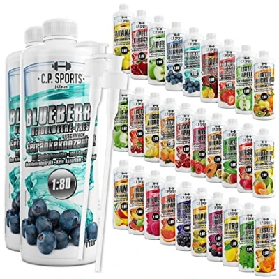 Abbildung von C.P. Sports Getränkesirup für Mineraldrink I Sirup zuckerfrei Vital Drink BLUEBERRY mit Vitaminen Getränkekonzentrat zum Mischen Wasser Sport Getränk 2 Liter + Pumpspender