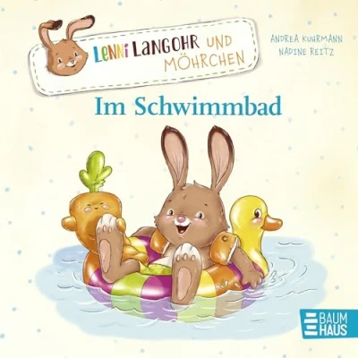 Abbildung von Lenni Langohr und Möhrchen im Schwimmbad: Mit Hase einen Ausflug ins Schwimmbad machen spielerisch den Wortschatz fördern, für Kinder ab 2 Jahren