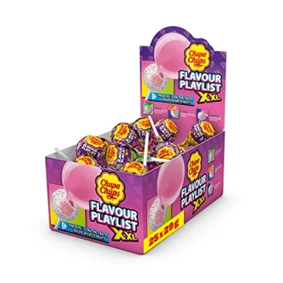 Abbildung von Chupa Chups XXL Flavour Playlist Kaugummi Lutscher, Thekendisplay enthält 25 Lollis mit fruchtigem Kern in 3 leckeren Sorten, x 30g