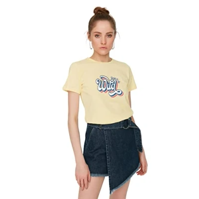 Abbildung von Trendyol Damen Regular Standard Rundhals Gewebtes T Shirt Hemd, gelb, M