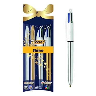 Abbildung von BIC 4 Farben Kugelschreiber Set Colours Shine, inkl. 2 Cristal Stifte, in je Gold und Silber, Ideal als Geschenk