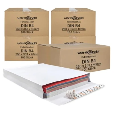 Abbildung von versando 500x B4 Faltentaschen 4cm Falte ohne Fenster (250x353x40 mm) Versandtaschen Bodenfalte haftklebend weiß
