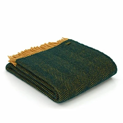 Abbildung von Tweedmill Textiles Fischgrätenmuster Schurwolle Decke/Überwurf Teppich Smaragd Grün/Senf Gelb British Made