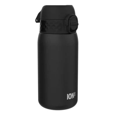 Abbildung von Ion8 Kinder Trinkflasche, Edelstahl 400ml, Auslaufsicher, Einhandöffnung, Sichere Verriegelung, Spülmaschinenfest, Klappdeckel, Tragegriff, Leicht zu Reinigen, Langlebig &amp; Kratzfest, Schwarz