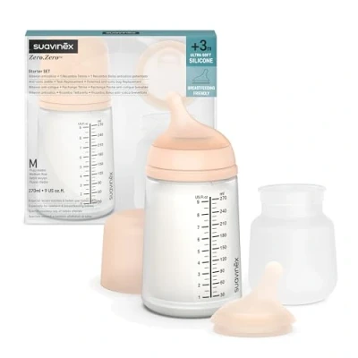 Abbildung von Suavinex, Set Zero Babyflasche. Anti Kolik Babyflasche 270 ml mit Sauger mittlerem Nahrungsfluss + Nachfüllbeutel