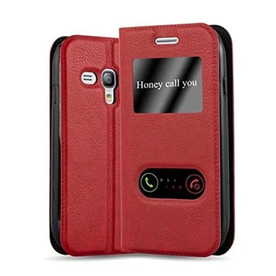 Abbildung von Cadorabo Hülle kompatibel mit Samsung Galaxy S3 Mini Sichtfenster aus Kunst Leder Flip Klappbare Stoßfeste Magnetische [Standfunktion] [Kartenfächern] Cover für Tasche in Rot