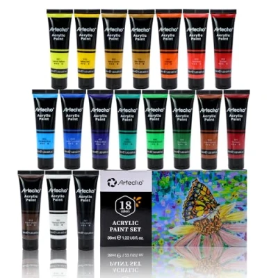 Abbildung von Artecho Acrylfarben Set 18 x 36 ml, Acrylic Paint Set, Wasserfest und Lichtecht, Schnell Trocknend, ideal für Leinwand, Papier Stoffe, Geschenke zu Weihnachten anderen Feiertagen
