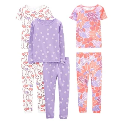 Abbildung von Simple Joys by Carter&#039;s Mädchen 6 Piece Snug Fit Cotton Pajama Pyjama Set, Lila Punkte/Weiß Flamingo/Floral, 3 Jahre (3er Pack)