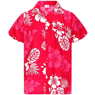 Abbildung von King Kameha Funky Hawaii Hemd, Herren, Kurzarm, Mono Hibiscus, Pink Weiß, L