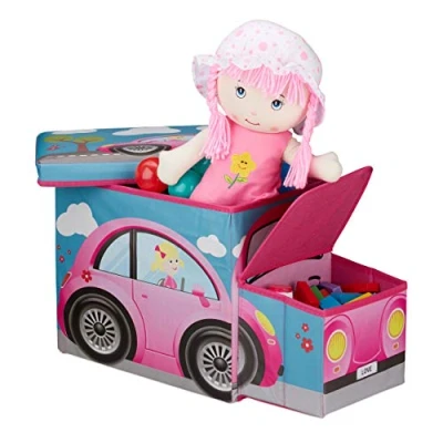 Abbildung von Relaxdays Sitzbox Kinder, Staubox mit Deckel, Spielzeug, faltbar, Motiv Auto, Stauraum, Jungen &amp; Mädchen, 50 Liter, pink, H x B T: ca. 33 27 56 cm