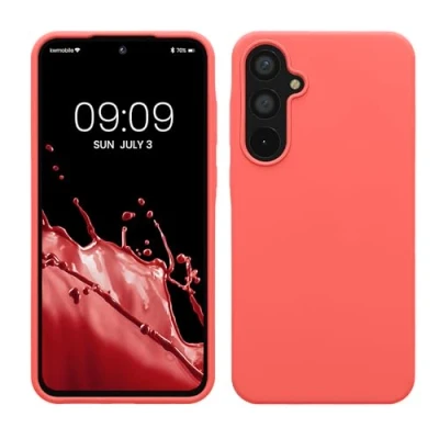 Abbildung von kwmobile Hülle kompatibel mit Samsung Galaxy A55 5G Silikon Handy Case Handyhülle weiche Oberfläche kabelloses Laden Neon Koralle