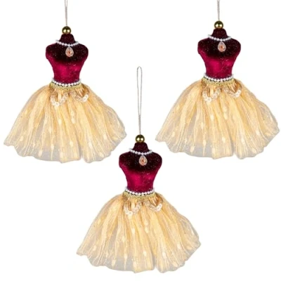 Abbildung von 3 Stück Burgunderrot und Gold Ballerina Kostüm Figur 15 cm Weihnachtsbaum hängende Dekorationen Festliche dekorative Ornamente Märchen Thema Anhänger