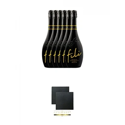 Abbildung von Sacchetto Fili Prosecco DOC Brut V.S. Millesimato 6 x 0,75 Liter + Schiefer Glasuntersetzer eckig ca. 9,5 cm Ø 2 Stück