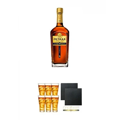 Abbildung von Metaxa 12* Sterne 12 Jahre alt 0,7 Liter + Spyro 6 x Gläser mit Eichstrich 2cl und 4cl Schiefer Glasuntersetzer eckig ca. 9,5 cm Ø 2 Stück