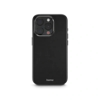 Abbildung von Hama Hülle für iPhone 15 Pro (Kunstleder, Metall, Handyhülle, elegante Schutzhülle Rückseite, extra Schutz Kamera und Display, Wireless Charging kompatibel, weich, recycelt, Handycase) schwarz