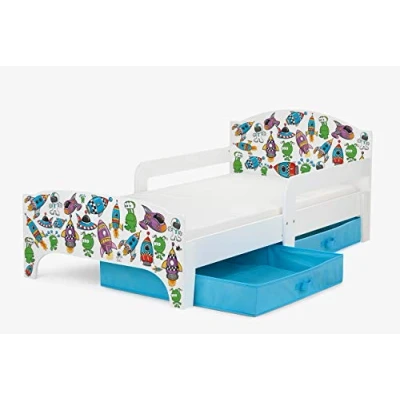 Abbildung von Leomark SMART Kleinkinderbett aus Holz Aliens Kinderbett mit Schubladen für Bettwäsche, Einzelbett Matratze, Stauraum, Rausfallschutz Lattenrost, Liegefläche 140 x 70 cm, UV Druck