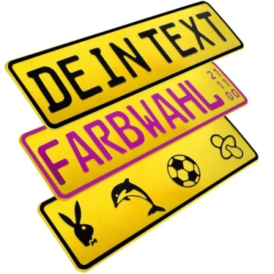 Abbildung von L &amp; P Car Design FKZ 1 Stück Fun Kennzeichen 52cm x 11cm Wunschtext Bohrung Beschichtungsfarbe Individuell Wunschkennzeichen Wunschprägung Namenskennzeichen Namensschild Farbe GELB