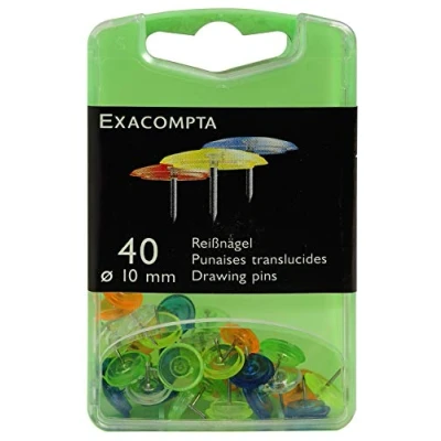Abbildung von Exacompta 14045E 40er Pack Reißnägel Ø12mm in Kunststoffbox farbig sortiert mit 5 verschiedenen transparenten Farben