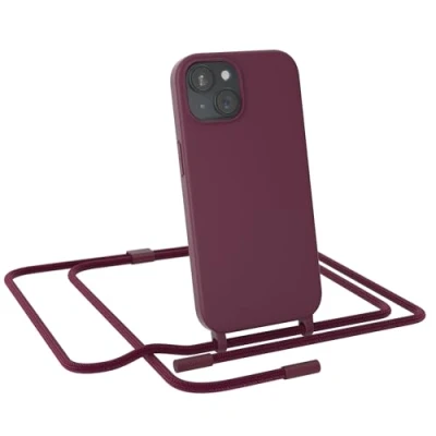 Abbildung von EAZY CASE Handykette kompatibel mit iPhone 15 dünne Handyhülle für Hülle Band als Fallschutz Kette zum Umhängen stoßeste Silikon Mikrofaser in Beere