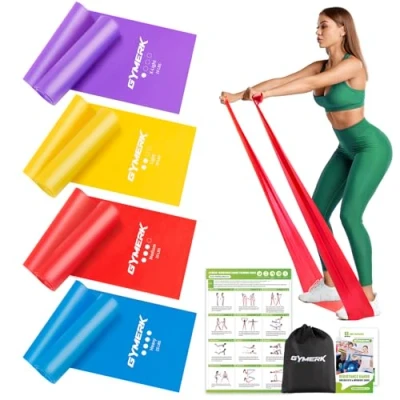 Abbildung von GYMERK Fitnessbänder Set 4er, 1.8M/2M Fitnessband, 4 Widerstandsstufen mit Übungsposter, Gymnastikband Tragetasche &amp; Übungsanleitung, Ideal für Yoga, Pilates, Muskelaufbau, Physiotherapie