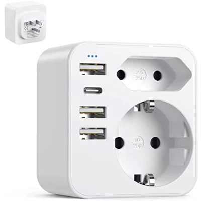 Abbildung von 6 in 1 USA Adapter Steckdose, Deutschland Stecker mit 3USB 1USB C (3.4A), Reiseadapter Steckdosenadapter Reisestecker Stromadapter für Amerika Kanada Thailand Mexiko (White)