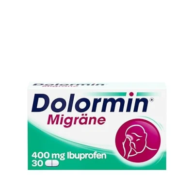 Abbildung von Dolormin® Migräne zur Behandlung von Kopfschmerzen bei Migräneanfällen mit und ohne Aura 30 Tabletten