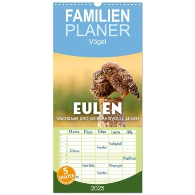 Abbildung von Familienplaner 2025 Eulen Wachsame und geheimnisvolle Augen mit 5 Spalten (Wandkalender, 21 cm x 45 cm), CALVENDO